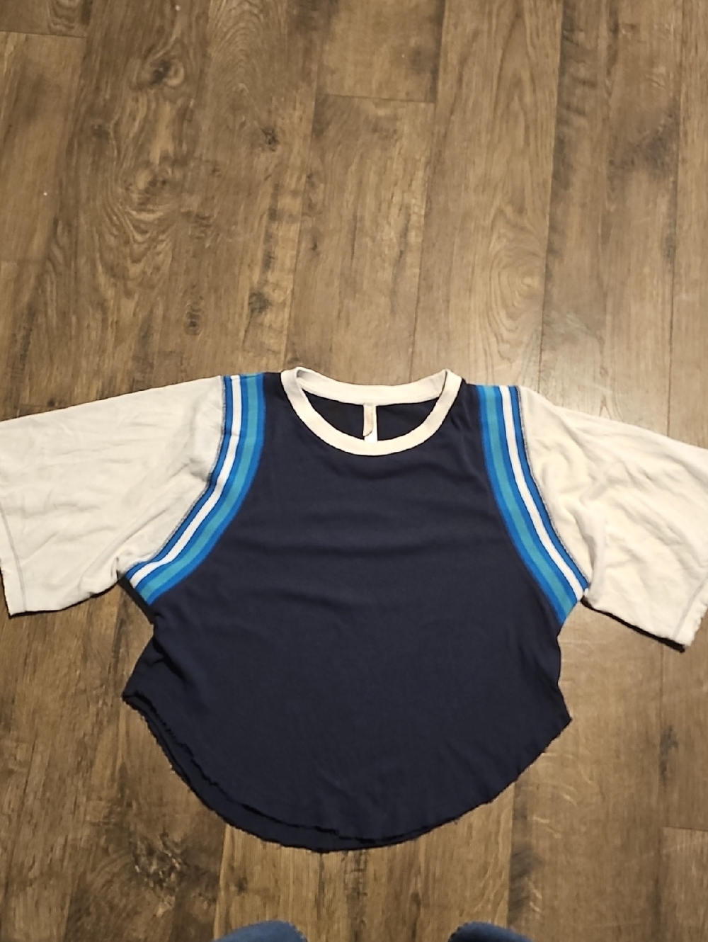 FP Movement by Free People Navy Crop Top White Sleeve Blue Stripes Shirt Medium - Picture 1 of 8